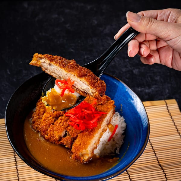A hand holding a spoonful of crispy tonkatsu, rice, and curry from a blue bowl.