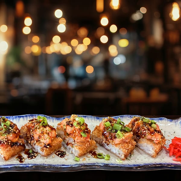 Shinjiru Ramen's crispy rice sushi with salmon, sauce, sesame seeds, and scallions on a plate.